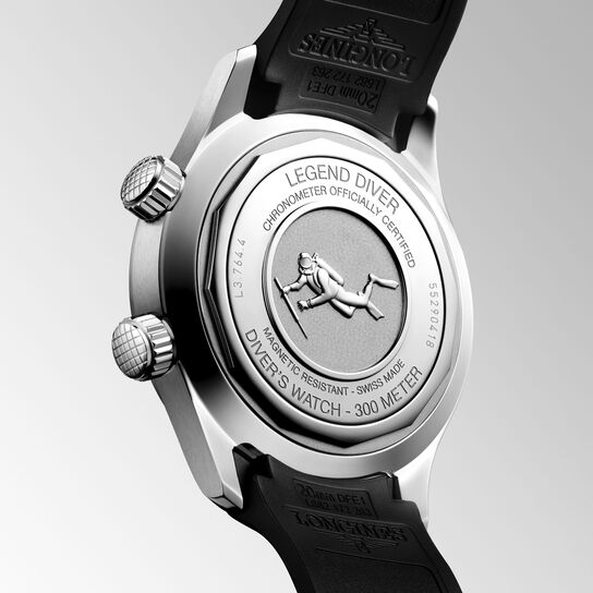 Rear view showing engraved stainless steel caseback and black strap image number 3